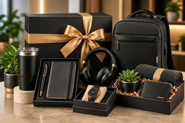 Black and gold festive employee gift hamper
