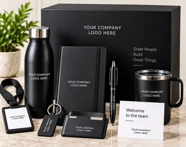 Complete branded corporate welcome kit with presentation box, bottle, notebook, pen, mug and accessories
